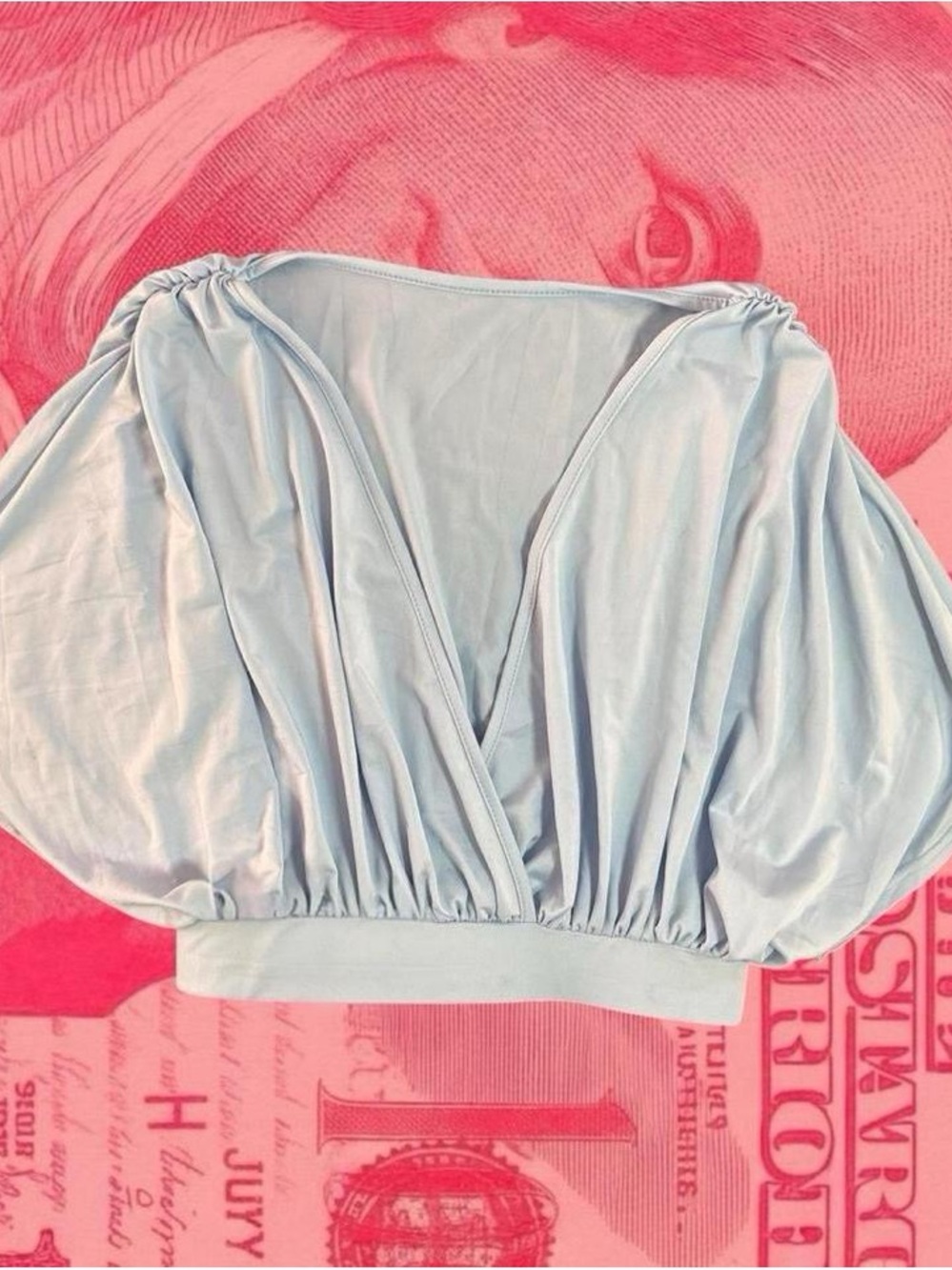 light baby blue v neck cropped blouse with flowy ruched fabric size s
